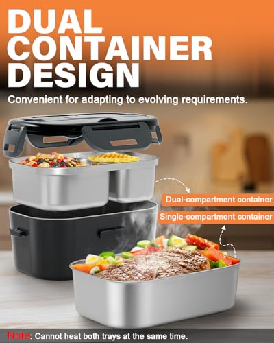 Black Electric Lunch Box for Men Women - Fast Heating Food Warmer with Dual Stainless Steel Containers