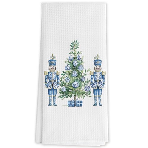 DNEULYR Section 9 Chinoiserie Christmas Kitchen Towels 16x24 in Blue & White, Decorative Nutcracker Hand Towels