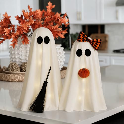 Lighted Ghost Decorations Indoor 2 Pack - Warm White Halloween Broom & Pumpkin