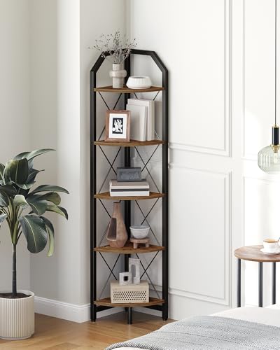 CHOEZON Rustic Brown & Black 5-Tier Corner Shelf - Industrial Corner Bookcase & Plant Stand