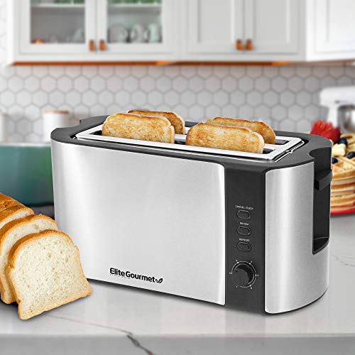 Elite Gourmet 4-Slice Toaster with Extra-Wide Long Slots, 6 Browning Levels - Black & Stainless Steel