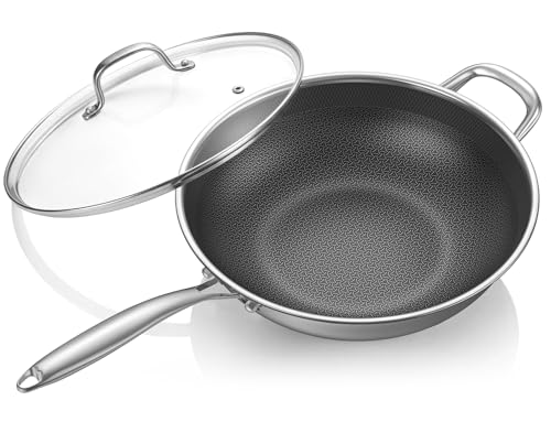 Uven Traoqq 12.5-Inch Stainless Steel Wok with Lid, Nonstick & Induction Compatible