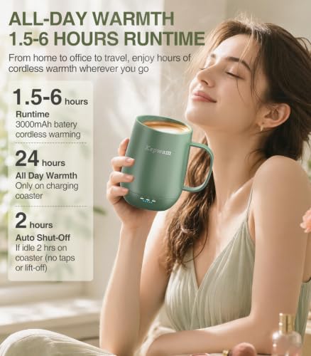 Kepwam 14oz Self-Heating Coffee Mug with 3 Temperature Settings – Rechargeable Heated Travel Mug