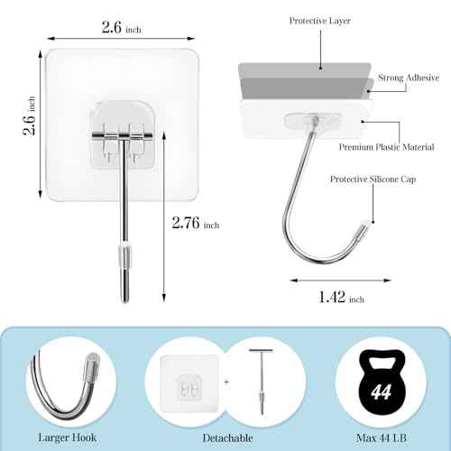 20 Pack Large Adhesive Hooks for Hanging Heavy Duty 44 lb(MAX) Christmas Fall Halloween Wreath Hangers Ornament Hooks Sticky for Wall No Damage Towel Picture Key Shower Siding Stocking Garland Strips