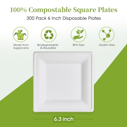 6 Inch Compostable Square Paper Plates - Eco-Friendly 300 Count Appetizer Plates