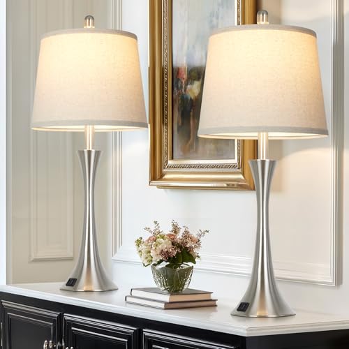 Rinweey 27.5" Silver Set of 2 Touch Bedside Table Lamps with USB-C & A, Dimmable Nightstand Lights with Beige Shades, Bulbs Included
