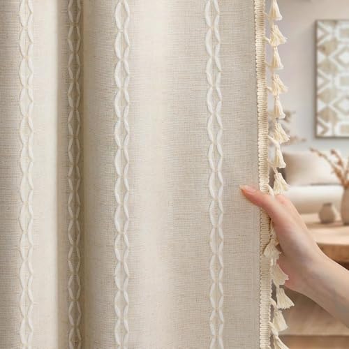 Boho 100% Blackout Curtains 63 Inch 2 Panels Linen Blend Beige