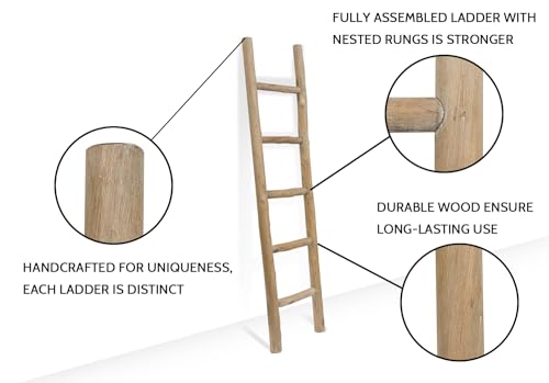 FUIN Rustic Wooden Blanket Ladder 57in - Fully Assembled, Brown Medium