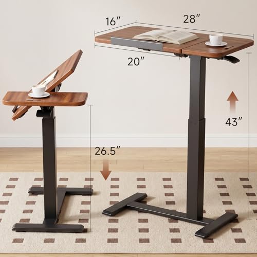 GTPLAYER Walnut Pneumatic Adjustable Standing Desk with Wheels, 28 Inch Mobile Laptop Table