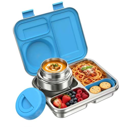 Stainless Steel Bento Lunch Box with 8oz Insulated Food Jar - Blue - 3 Compartments, Leak-Proof & BPA-Free for Kids & Adults