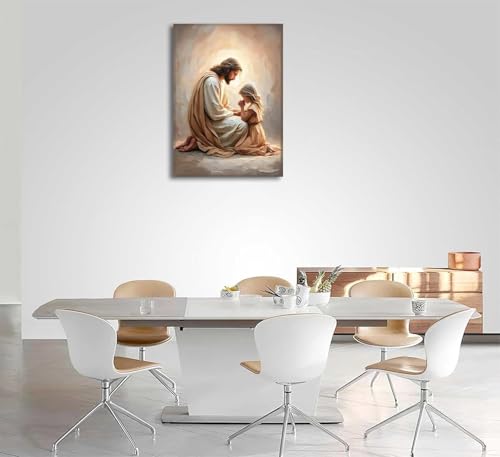 EFGETTPD Jesus Praying with Girl Canvas Wall Art 36x24 in Religious Decor
