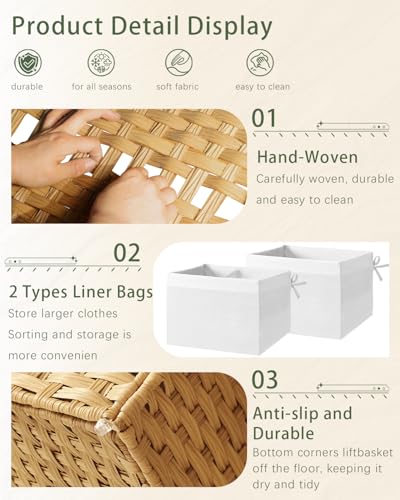 SETVSON Rattan Storage Basket with Lid, 65L Foldable Woven Bins for Bedroom & Laundry