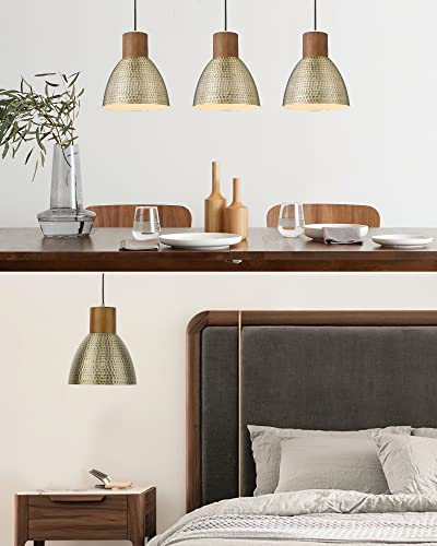 Medium Brass 2-Pack Hammered Pendant Light Fixtures - Vintage Metal & Solid Wood
