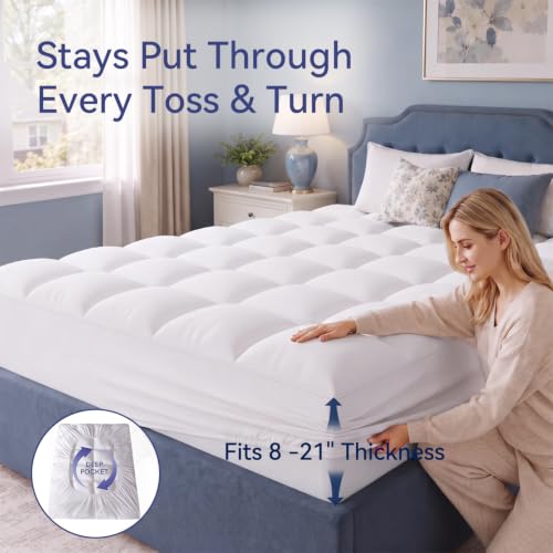 White Queen Mattress Topper Extra Thick Pillow Top Bed Cover - ELEMUSE