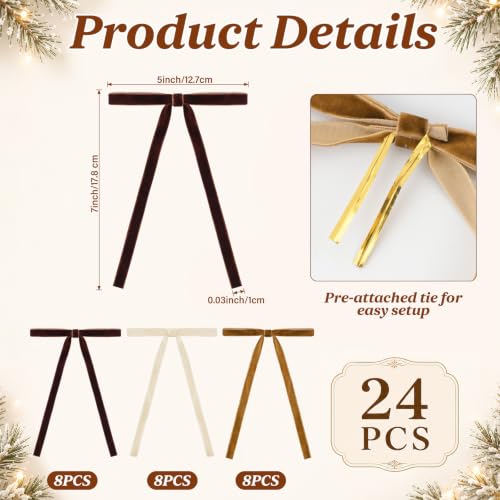 24 Pcs Brown Velvet Bows for Christmas Tree, Decor