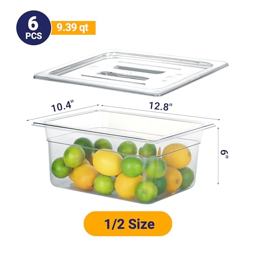 BIEAMA 6 Pack 1/2 Size 6-Inch Deep NSF Polycarbonate Food Pans with Lids