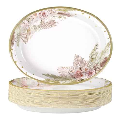 50Pcs Fall Oval Paper Plates 10" x 12" Disposable Heavy Duty Vintage Boho Floral Paper Plates Autumn Dessert Platters for Bridal Shower Wedding Thanksgiving Birthday Party Decorations Supplies