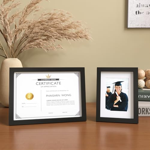 KINLINK Black A5 Picture Frame with Mat, Solid Wood, 4x6 & Wall Mount
