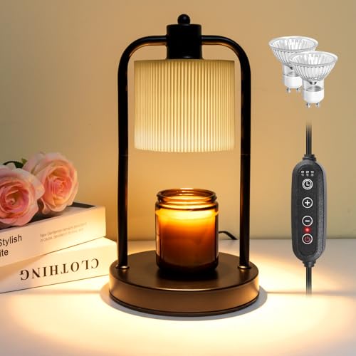 Striped Linen Candle Warmer Lamp with Timer, Dimmable, Space-Saving Design