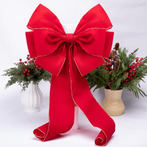 2 Pcs Large Christmas Bows 35.4 x 17.1 in Red Velvet with Gold Edges - Iceyyyy