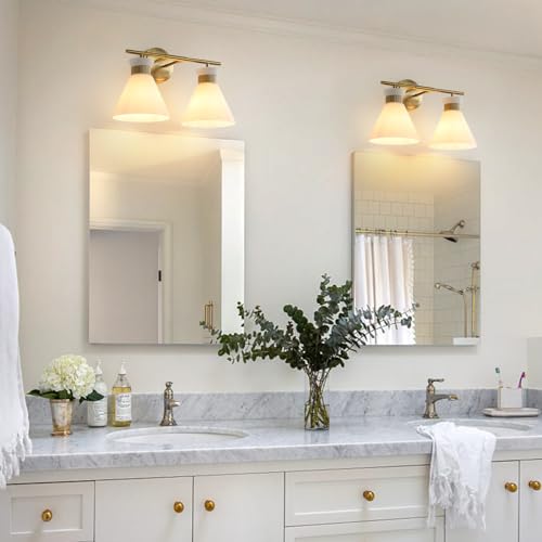 Gold 2-Light Bathroom Vanity Light Fixture - Mid Century Frosted Glass Sconces with Over Mirror Mount