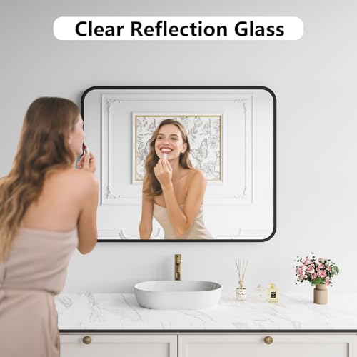 Black 40 Inch x 32 Inch Bathroom Wall Mirror - Brushed Metal Frame, Tempered Glass