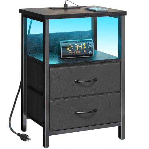 Fixwal Nightstand with Charging Station, 2 Drawers, Black LED Light (15.7"D x 11.8"W x 23.6"H)