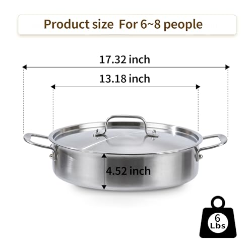 DELARLO 8 Quart Tri-Ply Stainless Steel Braiser Pan with Lid - Durable & Even Heating