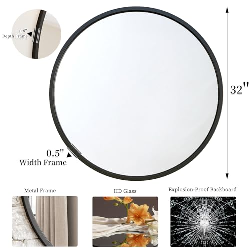G-LEAF 32-Inch Black Round Wall Mirror for Bathroom & Entryway with Matte Metal Frame - Seamless, Durable & Easy to Install