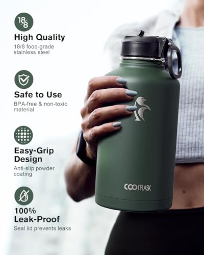 Coolflask Dark Green Half Gallon Insulated Water Bottle with Straw & 3 Leakproof Lids
