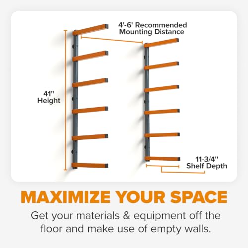 BORA 6-Level Wall Mount Lumber & Wood Storage Rack - Orange & Gray Organizer