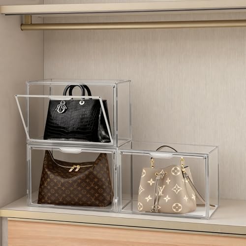 9 Pack Acrylic Purse Storage Organizer for Closet - Stackable, Clear Display Case, Magnetic Door, 14.2 x 8.7 x 10.6 Inches - Cutora