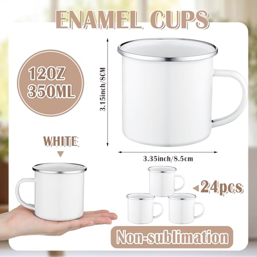 24 Pcs Enamel Camping Coffee Mug 12 oz White with Silver Rim - Durable & Lightweight