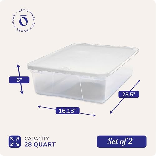 HOMZ Clear Plastic Storage Bins w/Snaplock Lids, 28 Qt, White, 2 Pack