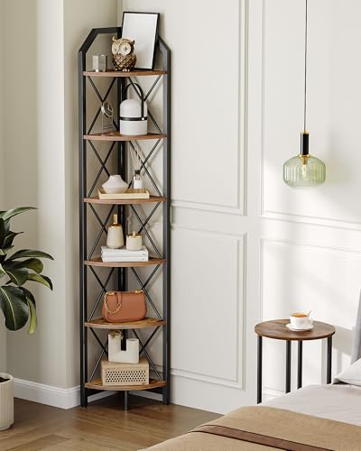 Corner Shelf 6-Tier Industrial Corner Bookshelf - Rustic Brown & Black, 71.2"