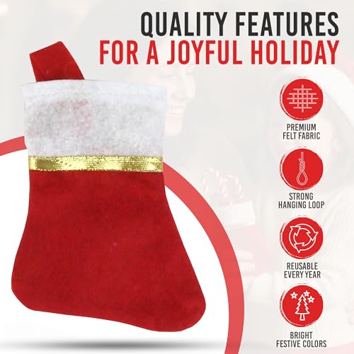 Iconikal 24-Pack Mini Christmas Stockings Red Felt 5x6.25-Inch Gold Ribbon Holiday Decor Ornaments Utensil Holders Wine Bottle Toppers Craft Bulk Pack