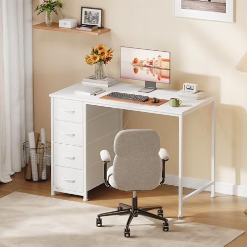 White Small Computer Desk with 4 Drawers - 39 Inch Home Office Workspace