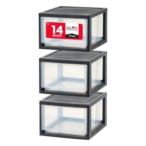 14 Qt Stackable Plastic Drawer Organizer - Black, 3 Pack