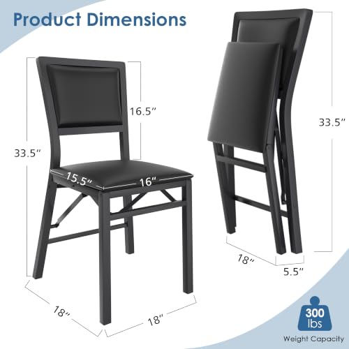 VECELO Black Folding Dining Chairs Set of 2 - Padded Metal Space-Saving Seats