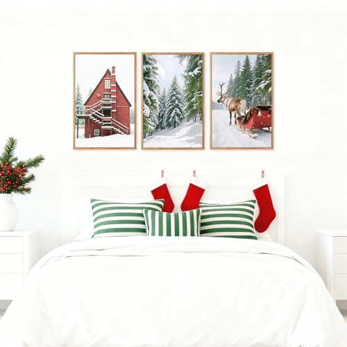 CHDITB 3pc Snowy Christmas Landscape Framed Canvas Wall Art Set - 16x24 Inches (Cottage Forest Reindeer Sleigh)