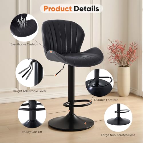 Sweetcrispy Adjustable Swivel Bar Stools Set of 2 - Black Fabric