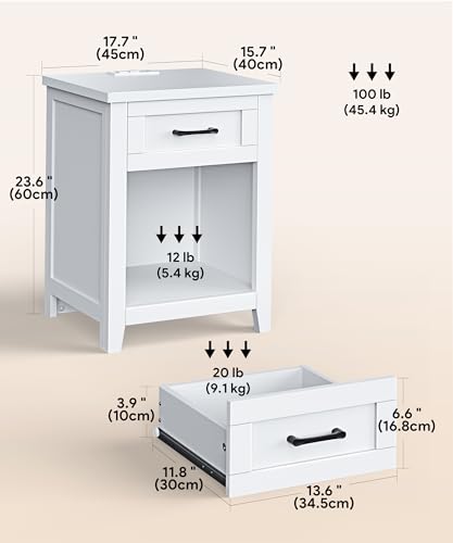 Decofy Farmhouse Nightstand with Charging Station - Pure White, 1 Drawer