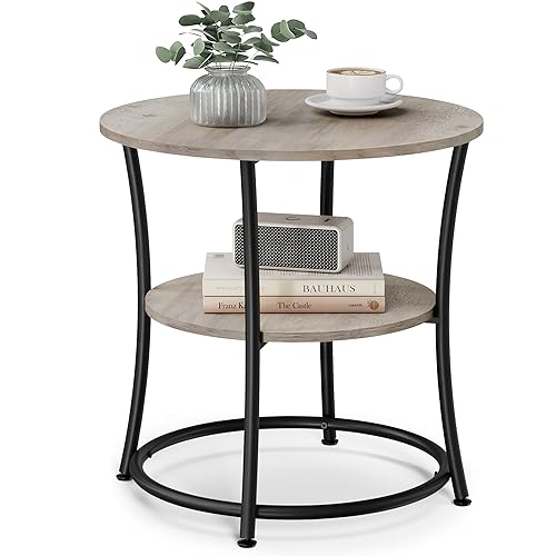 VASAGLE Heather Greige & Matte Black 2-Tier Round End Table - No Power Strip