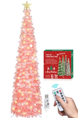 Dreamy Pink 6 FT Pop Up Christmas Tinsel Tree with 100 LED Lights & Remote