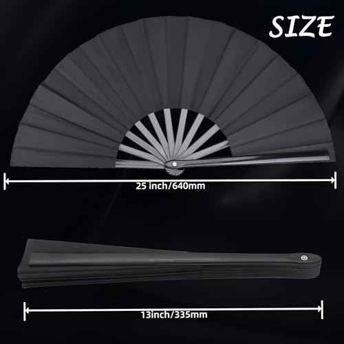 2 Pack Large Folding Hand Fan, Black Chinese Kung Fu Tai Chi Fan Nylon-Cloth Fan For Men And Women Performance, Dance, Decorations, Festival, Gift (Folding fan black 2p)