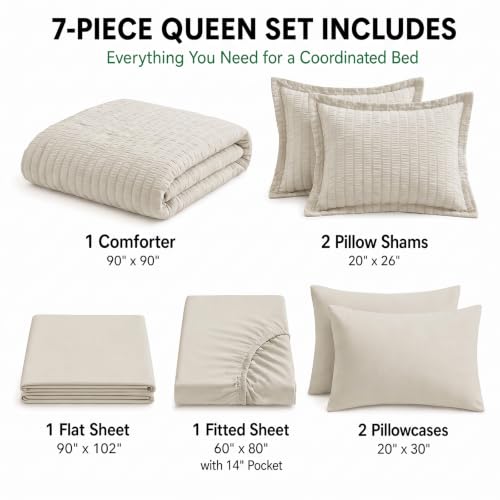 Queen Comforter Set 7-Piece Seersucker Bed in a Bag - Beige, All-Season Bedding