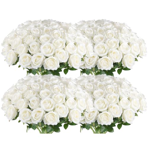 Artificial Roses Bulk 100 White Silk Flowers for DIY Decor - Long Stem