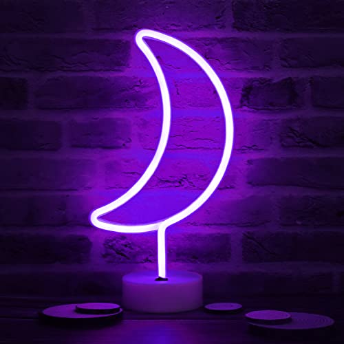 LED Moon Neon Signs, Purple Crescent Night Lights USB Battery Operated Moon Lamp for Birthday Party, Wedding, Halloween, Christmas Decorations-Holder Base(Purple)