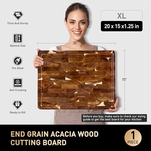 Large End Grain Cutting Board for Kitchen with Non-slip Feet, Acacia