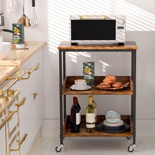 31-Inch High 3-Tier Rolling Kitchen Microwave Cart with Storage and Hooks